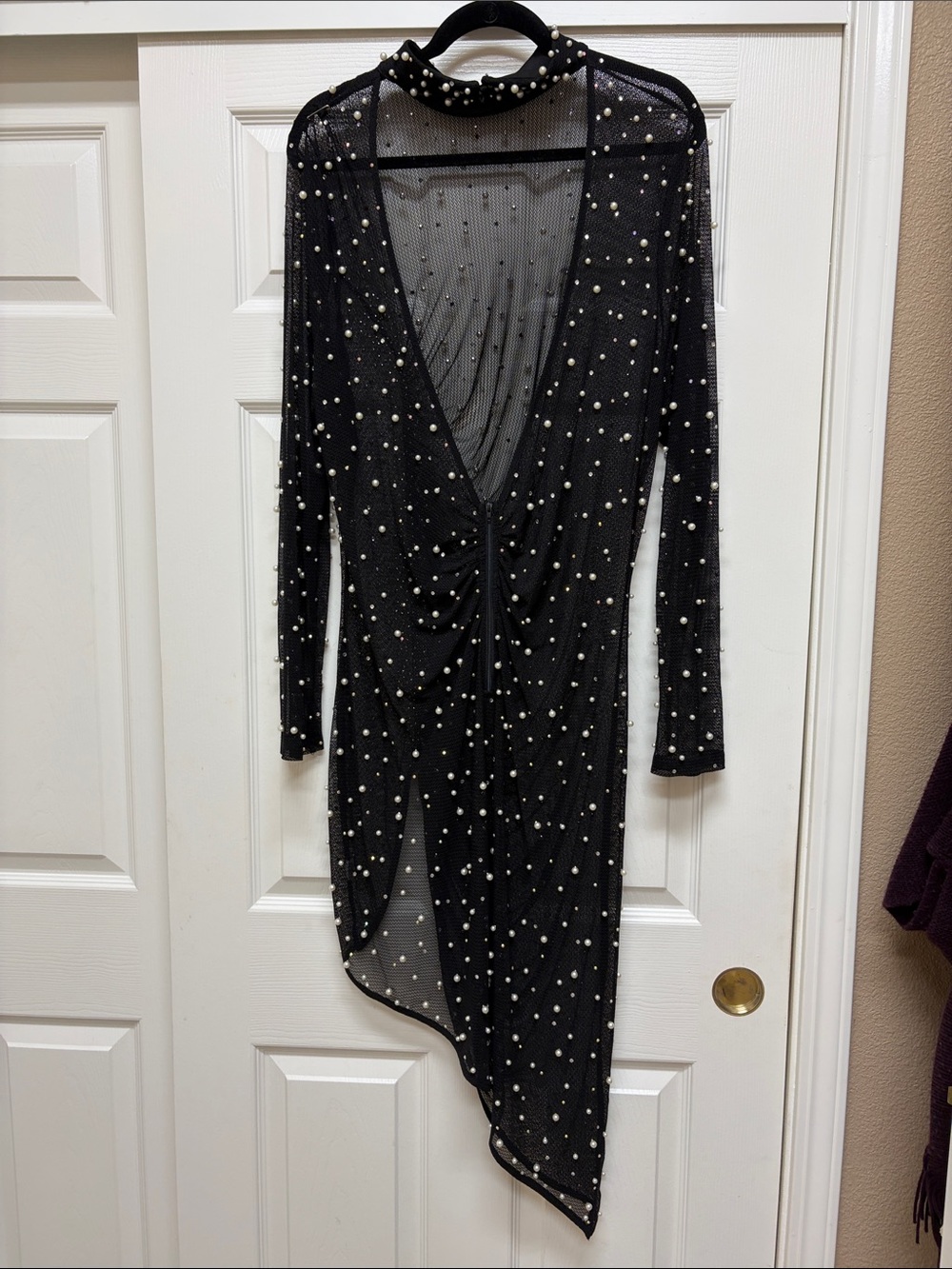 Black Sheer Pearl-Embellished Asymmetric Dress